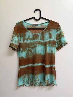 Vintage Y2K Brown & Aqua Tie-Dye Short Sleeve Top